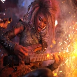 **heavy metal femmerock reptilian 80s hair bandsaw sawing through electric guitars, sparks and debris flying everywhereas the band plays down with the thickness --p djcuvnt --ar 4:3** - Image #1 <@948741381743083580>