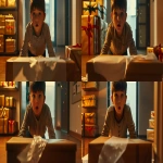 **<https://s.mj.run/KhKr0zYicTk> Cinematic film still, photorealistic. Low-angle close-up shot of the same boy from the reference image, filmed in slight counter-plongée. The camera frames his face and head closely, capturing his wide-eyed astonished expression as he unwraps a package. Only a small blurred edge of the gift box and torn wrapping paper is visible at the bottom of the frame as a foreground element, while the focus remains on the boy’s face. The background shows the empty office room with soft hints of stacked wrapped boxes, out of focus. Warm golden cinematic lighting highlights his expression, shallow depth of field, subtle film grain. Shot like a high-end Christmas commercial with an Arri Alexa cinema camera --ar 16:9 --v 6.0 --no cartoon, cgi, clutter --raw** - Variations (Subtle) by <@1072446343324385341> (fast, stealth)
-# Create, explore, and organize on [midjourney.com](<https://midjourney.com/imagine?from_discord=1>)