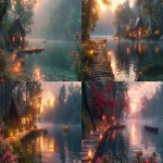 **a world’s most relaxing and beautiful cinematic scene, serene lakeside at sunrise, warm dawn glow reflecting on crystal clear water, cozy wooden cottage surrounded by lush forest and colorful flowers, soft morning mist, gentle sunlight rays through trees, small wooden dock with candles and lanterns, peaceful boat floating on water, flower-covered stone bridge, calm and dreamy atmosphere inspired by continental drift, ultra-detailed, cinematic lighting, soft pastel colors, high dynamic range, photorealistic yet dreamy, fantasy realism, calming mood, healing aesthetic, relaxing jazz vibe, no people, no text, no logos --ar 16:9 --v 6.0 --s 750 --raw** - <@1364091927640670238> (fast)