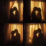 **A romantic couple sharing an intimate moment behind soft golden curtains, warmly lit by a cozy floor lamp, wrapped together in a blanket, silhouetted gently, dreamy and tender atmosphere, early morning or twilight glow, peaceful indoor setting, shallow depth of field, cinematic lighting, vintage color grading, 35mm film style, subtle grain, emotional storytelling, soft focus, style cinematic** - Variations (Strong) by <@1331627685406965792> (fast)