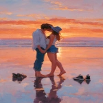 **a young couple in love, hugging on the beach at sunset, with an oil painting-style, warm colors, and a dreamy atmosphere. the man is wearing jeans and a white shirt, while she wears blue shorts and a hat. they stand close together, smiling and holding hands as they kiss. in front of them lie their shoes, reflecting the vibrant hues of orange, pink, yellow, and purple from the setting sun. their eyes sparkle with joy, in the style of a romantic painting. --ar 9:16** - Image #4 <@1220684338807439425>