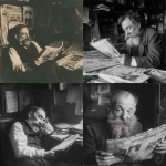 **abrahm vermont, en 1915 en rosario duerme cubierto por los ejemplares de diario como sabana. 'the vols stimme' su diario escrito en idish litografiado. Vive entre sus palabras en su cuarto muy pequeño de conventillo y con pocas cosas, para escribir y litografia. Escena de pelicula de thirller moderno ambientado en 1910 pero con la calidad actual de cine profesional. Vermont es dejado, tiene bigote largo y poco pelo y un poco gordo, viste formal, pero gastado y viejo.** - <@985959374633717780> (fast)