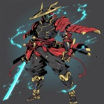 **Original anime character, fully colored in vivid anime palette, hand-drawn anime style, thick bold outlines, clean cel-shading, visible sketch lines for clarity, crosshatching on fabric folds and anatomy beneath clothing. Character design: a masked samurai-brawler hybrid wearing a black gi trimmed in red and gold, layered armor plates across shoulders and forearms, glowing blue eyes visible through the mask, muscular frame beneath the fabric. Flowing battle sash caught in motion, katana strapped across the back, fists clenched with energy radiating subtly. Clear line art showing every feature without clutter, balanced composition emphasizing face and body. Perspective: low-angle upward shot emphasizing size and power. Ultra-detailed full-color anime artwork, uncluttered background, composition focused entirely on the character’s clothing, form, and presence. --niji 6 --raw** - Image #3 <@266429059049848832>