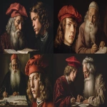 **a young renassaince man with a red hat studying with an old jewish rabbi, 15th century, editorial cinematic , detailed photography, muted colors, dutch angle, Hasselblad X1D --ar 16:9 --oref <https://s.mj.run/ZkaoHdHvc1w> --ow 100 --v 7.0** - <@1112759513444003931> (fast)