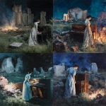**The painting of a woman standing in a long dress at night in a meadow with church ruins, leaning on an old piano, surrounded by broken walls, a burning old piece of furniture, as if moving, was painted by Jenny Saville.** - <@1106776019475636345> (fast)
-# Create, explore, and organize on [midjourney.com](<https://midjourney.com/imagine?from_discord=1>)