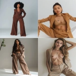 **professional branding photoshoot, ultra realistic, Brazilian woman, same facial features, elegant women’s tailoring outfit, saddle brown / caramel brown color palette, high-waisted wide leg tailored pants, cropped blazer or tailored vest, minimalist luxury fashion, clean studio background, neutral tones, soft professional studio lighting, modern fashion editorial style, confident and sophisticated woman, instagram branding photography --v 6.0 --ar 4:5 --chaos 8 --raw** - <@1459272180138381427> (fast)