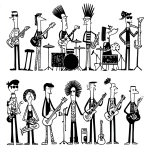 **black and white coloring book page, different music band styles, rock band with guitars and drums, jazz musicians with saxophone and upright bass, punk band with mohawks, classical orchestra musicians, hip hop group with microphones, country band with acoustic instruments, bold thick outlines, zero shading, no gradients, clean linework, simple shapes, white background, high contrast, vector art style, cartoon style, suitable for coloring, no gray tones --no shading, shadows, gradients** - Image #2 <@1104973414864781503>