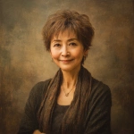 **Yoko Hada, a Japanese woman in her early 60s. Her hair is slightly short and a light brown. She smiles gently, her eyes soft and embracing. She has a slightly plump figure but is short in stature. Portrait. Oil painting style. --v 7.0** - Image #2 <@1105655477741813870>