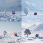 **a candid photograph taken from far away of a small red cabin and a single snow-covered metasequoia tree on the left side of a vast snowy landscape, both softly covered with fluffy snow, thick mounded snow drifts and uneven fluffy layers on the ground like in Hokkaido or Sapporo, pure white snow-covered mountains in the background, two tiny children playing in the snow far away, bright daylight, wide scenic view, calm and peaceful atmosphere, realistic yet dreamy texture, natural light photography --ar 4:3 --v 7.0** - <@1367827750236454982> (fast)