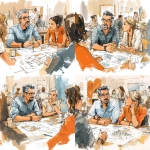 **a group of designers at a table discussing a set of plans, for a graphic for a PowerPoint, more stylistic than photo realistic, image of a Hispanic man and white woman, discussing plans on a table** - Variations (Strong) by <@425885932529647627> (fast)