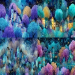 **Whimsical village with stylized monochrome houses under a glowing night sky, large magical blooming trees, sparkling stars, soft luminous colors in turquoise, purple, gold and deep blue, expressive watercolor and ink textures, dreamy fairytale mood --ar 16:9** - <@409716268476923920> (fast)