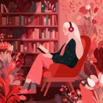 **an abstract illustration of a female with dark blonde hair wearing headphones, sitting in a reading nook with a pink and red aesthetic surrounded by bookshelves and sitting in a chair reading a book --v 7.0** - Upscaled by <@387852951244374018> (fast)