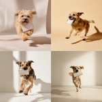 **A scrappy, medium-sized mixed-breed dog dashes through a professional photography studio, solid cream background, clutching a white Moleskine notebook in its mouth. The camera follows in a dynamic tracking shot at low angle, emphasizing the dog’s swift movement and determination. Bright lighting, soft shadows, casting warm highlights on the scene. Happy mood, occasional barking, footsteps echoing faintly. Style is clean and minimalist, capturing spontaneous life. No humans visible. Cinematic, no subtitles. --s 50 --raw** - <@1041542379544526880> (fast)