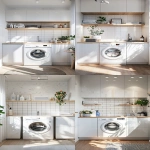 **odern apartment laundry room, one washing machine, sink, cabinets, light color palette, potted flowers, laundry products on shelves, clean and minimal design, bright natural light, cozy and organized, realistic, frontal view --v 6.0 --ar 9:16** - Variations (Strong) by <@1095141824018010255> (fast)