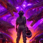 **cyberpunk mechanical snake den with angry chrome snakes with many sharp teeth, neon purple and orange theme. cyberpunk woman standing in foreground with back to camera, holding a pilot helmet** - Image #1 <@820024234734518302>