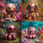 **vinyl toy colourful japanese art yokai octopus kappa with psychic mind powers of esp and glossy led digital eyes, and many japanese art patterns glossy on a coral reef backgorund --v 7.0** - <@1014981691850371152> (fast)