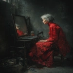**Oil painting, moody lighting, prominent brush strokes, elderly grey haired Chinese woman dressed in a tattered and dirty red Qun Kwa wedding dress, gazing into a dirty mirror in a dingy apartment, by Zhang Jingna, melancholic atmosphere, tattered robot companion, Zhang Xiaogang's style, laptop computer --ar 4:5 --v 7.0 --no star wars characters --chaos 3** - Image #1 <@988364629556199494>