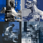 **Institutional digital-art collage: classical human form intersected by precise grids, data blocks, and abstract system graphics. Temporal layering suggests past, present, and future compressed into one visual field. No illustration, no narrative only structure, memory, and anticipation. Dark navy blue accents, restrained palette, sharp contrast, editorial clarity, high-end art prize aesthetic. --ar 4:5** - <@1040897715137163265> (fast)