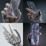 **mobile phone, straight on, held by a semi-transparent robot hand made of coding lines** - <@1048326817838280714> (fast, stealth)