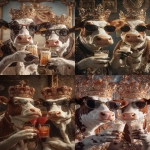 **Ultra HD profile photo of two gangster cows, wearing crowns with lots of gems on the crown, wearing sunglasses. the two cows are at a party and are holding their arm out with drinks in their hands doing a cheers motion to celebrate. background is decorated with a royal theme. taken with a cannon eos, hyperrealistic, natural lighting --ar 2:3 --raw** - <@1103975769467789322> (relaxed)