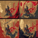 **representation of a armored samurai with a katana in a horse with a battle flag with a gold leaf print of a illuminated folio dragon and a long red ribbon, nagssugtoqidian orogeny background, hanafuda sumi-e style --ar 5:2 --v 7.0** - Zoom Out by <@1007668391764557996> (fast)