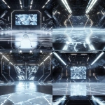 **futuristic sports arena interior, glowing with black, silver and white lights, holographic LED panels stretching across the back wall, fractured ice shard textures embedded in the walls, metallic beams and chrome accents, spotlights shining through thick volumetric fog and icy haze, glossy frozen ice floor with prism reflections and frosty cracks, symmetrical wide cinematic perspective, crisp linear lights adding depth, legendary and immersive high-tech atmosphere, perfect for hockey trading card background --ar 2:3 --q 2 --v 6.1 --raw** - Variations (Strong) by <@1007029574430892245> (fast, stealth)