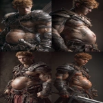 **Realistic 3d rendering. Epic battle scene. pregnant, Hyper muscular young elf with protruding stomach, handsome, tall, square jaw, short curly red hair, bright silver eyes, full bow-shaped bow-shaped, lips, defined muscles, vascular, freckles, pregnant belly, tattoos, square jaw, masculine features, handsome, short curly red hair, hyper oversized muscles, massive muscular arms, massive muscular biceps, massive muscular forearms, massive muscular legs, massive muscular thighs, massive muscular calves, hyper massive muscles, wearing leather armor, huge muscles, handsome, carrying large sword, running into battle. Realistic. --ar 9:16 --v 7.0** - <@1222981214734913607> (fast)