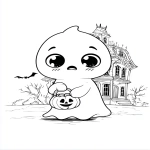 **adorable ghost holding a pumpkin lantern, cute expression, big eyes, simple haunted house behind, thick outlines, white background, coloring page --ar 5:7** - Image #1 <@437878260013989888>