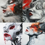 **I am deadly and beautiful, i am queen, abstract acrylic painting of a melting face showing beauty and destruction, melting foxfire, hans bellmer, Picasso, abstract surrealism, grays with a pop of red --ar 2:3** - <@375830511882338304> (fast)