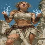 **The druid priestess stands among the ancient ruins. Her fingertips crackle with lightning as she summons the powers of the gods. Muscles visibly strained, it is almost more than she can bear, but she is determined. Though her teeth are gritted, her expression is resolute. --ar 1:2 --s 750** - Image #2 <@344228814332887040>