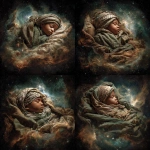 **make a detailed full body renaissance painting of the full body a middle eastern baby baby jesus sleeping in mid-distance in outerspace, with a ring nebula as his cradle. it's important to see the texture in the painting. the baby has brown skin, green eyes and has a keffiyeh around his neck. we can see the full body of the baby. shot with 24mm wide-angle lens** - Variations (Strong) by <@1004567301909118977> (fast)
-# Create, explore, and organize on [midjourney.com](<https://midjourney.com/imagine?from_discord=1>)