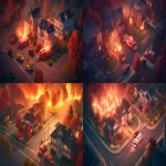 **a cinematic digital illustration of a fire emergency in a suburban neighborhood, two houses engulfed in flames, multiple red fire trucks parked nearby but not responding, grid-like road layout, surrounded by trees and small buildings, dramatic lighting, vibrant colors, satirical tone, visual irony, high detail, 3D isometric perspective --v 5.0 --ar 16:9** - <@1049176212263686190> (fast)
-# Create, explore, and organize on [midjourney.com](<https://midjourney.com/imagine?from_discord=1>)