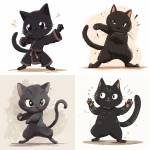**A black cat is performing martial arts, in a simple drawing style, with a flat illustration on a white background. The cartoon vector graphics feature simple lines and minimal details, showing the full body of the cute and funny-looking feline. The little feet of the furry black kitten have large claws that resemble kung fu hand movements as they dance. --ar 8:7 --v 6.0 --s 250** - <@756269320539209761> (fast)