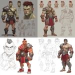 **Character design sheet. Realistic 3d rendering. Character design sheet of a ruggedly handsome, Hyper muscular handsome half orc, bodybuilder, bright silver eyes, short curly red Mohawk, short pointed ears, defined muscles, Huge leg muscles, huge pectoral muscles, big arm muscles, vascular hyper muscular, wide Grecian nose, strong square jaw, defined cheek bones, masculine features, freckles, Bodybuilder, short pointed ears, wearing Roman gladiator armor. --v 7.0** - <@1222981214734913607> (relaxed)