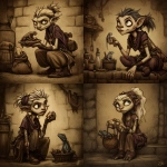 **young poor female goblin host is lean and sells iguana kebab, fantasy, dragonbane, portrait, --sref <https://s.mj.run/R2OFUAXBf5k>** - <@321697901023723522> (fast)