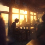 **a cozy early morning café interior, soft golden sunrise spilling through large windows, a lone writer with tousled hair scribbling in a notebook, coffee steaming beside them, ambient light catching floating dust motes, blurred motion of people picking up orders, warm tones, painterly style, cinematic depth of field, quiet inspiration, atmosphere of peace and creativity** - Image #4 <@876267919003238460>