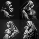 **mother Mary holding young Jesus embracing. Jesus looking up to mother Mary black and white photography** - <@819073620625981460> (fast)