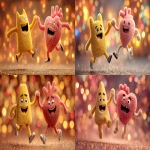 **A happy anthropomorphized rounded-triangular, yellow demon character high-fiving a happy anthropomorphized anatomical heart character, side view perspective jumping in the air, Pixar-style 3D animation, festive sparkling background --ar 16:9 --s 250** - <@1088093143066488912> (fast)