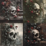 **an old grungy photograph on a skull with vines, ivy and roses growing out of it onto an old gothic castle wall, dark moody vibe, muted colors with pops of red** - <@424564814052851715> (fast)
-# Create, explore, and organize on [midjourney.com](<https://midjourney.com/imagine?from_discord=1>)