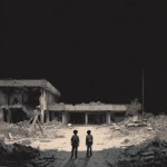 **An evocative and minimalist digital artwork, medium shot, rendered in a dark, monochromatic style consistent with previous designs. The composition prominently features a partially destroyed school building, with distinct architectural elements like classrooms, visible blackboards or educational posters, and perhaps a damaged school sign or playground equipment clearly identifiable in the background. In the foreground, two young, silhouetted figures, seen from behind, navigate through scattered rubble and debris, implying their presence within the converted shelter. The sky above is a uniform dark tone, emphasizing the bleakness of the scene. The figures appear small and vulnerable against the backdrop of the ruined educational institution, highlighting the profound impact of conflict on children and the repurposing of vital community spaces. The overall mood is somber and reflective, conveying the disruption of learning and the precariousness of refuge, presented with a stark and uncluttered visual approach --v 7.0** - Upscaled by <@1032195406119043132> (fast)