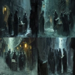 **a group of cloaked skaa rebels huddled together in a narrow ash-covered alley at night, one spreading a rough map on a crate, others watching with focused expressions, mist swirling at their feet, flakes of black ash drifting from the sky, worn cloaks and scavenged gear, faint lantern glow from a nearby warehouse window, gritty dark fantasy, mistborn inspired, tense quiet moment before a mission, oil painting style --ar 16:9 --v 6.0 --raw** - <@398622100233125890> (fast)