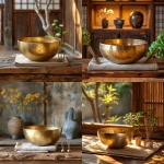**Realistic still-life of a Tibetan sound bowl resting on a natural wooden surface in a serene meditation space. The brass sound bowl has a smooth matte finish with soft reflections of natural light, no smoke, no flame, no incense. Beside it are two tuning forks metallic silver, U-shaped with straight prongs and a slender stem, each about six inches long, positioned neatly on a folded beige linen cloth. The background is softly blurred with warm neutral tones, suggesting calm and sacred quiet. Lighting is diffused daylight, highlighting the metallic textures and wood grain without harsh shadows. No people, no fire, no steam only a sense of tranquil stillness and refined simplicity. Photography style: ultra-realistic, shallow depth of field, balanced composition, high-resolution product detail. --v 6.0 --s 750** - <@1090630909448949831> (fast)