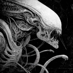 **black and white illustration / of an alien xenomorph / ripped man / infused with massive biomechanical tendrils / etched with intricate textures / heavy industrial aesthetics / dark futuristic fantasycore / flowing brushwork / masterful draftsmanship / atmospheric / eerie / foreboding / grainy / gritty / grungy / macabre / menacing / moody / mysterious / ominous / phantasmagorical / strange / uncanny** - Image #1 <@1080572898269466724>