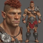 **Character design sheet. Realistic 3d rendering. Character design sheet of a ruggedly handsome, Hyper muscular handsome half orc, bodybuilder, bright silver eyes, short curly red Mohawk, short pointed ears, defined muscles, Huge leg muscles, huge pectoral muscles, big arm muscles, vascular hyper muscular, wide Grecian nose, strong square jaw, defined cheek bones, masculine features, freckles, Bodybuilder, short pointed ears, wearing Roman gladiator armor. --v 7.0** - Image #4 <@1222981214734913607>