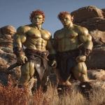 **Realistic 3d rendering. Full body portrait of two characters. ruggedly handsome, Hyper muscular handsome twin green skinned orcs, bright silver eyes, short curly redred hair, short pointed ears, defined muscles, pronounced features, hyper muscular, wide Grecian nose, strong square jaw, defined cheek bones, masculine features, freckles. Bodybuilder. wearing a tight short leather skirt. His oiled skin glistens under intense studio lighting. A strong camera flash highlights the shine on his muscles, creating bright reflections on his body, arms, and thighs. Retro fitness photography style, slightly exaggerated lighting contrast, 90s magazine aesthetic, center-framed, studio portrait shot. Standing and posing in a sunny rocky field. --ar 5:6 --v 7.0** - Image #2 <@1222981214734913607>