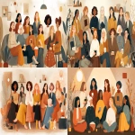 **A cozy and stylish illustration of a women’s cinema club. A group of diverse women (different ages, ethnicities, styles) sitting together in a warm, inviting living room or small screening room, watching a film projected on a screen. Some are laughing, some are thoughtful, with coffee/tea and notebooks nearby. The atmosphere should feel intimate, empowering, and creative not like a big cinema, but like a friendly gathering. Add subtle film elements (a film reel, popcorn, or projector glow). Colors: warm earthy tones with soft lighting, modern minimal design --ar 16:9 --v 7.0** - <@1041653600176308304> (fast)