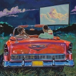 **imagine an African-American teenage couple in a 1955 Chevrolet Impala watching the big screen at a drive-in movie theater. Include 50's style movie audio speaker. Include food tray with box of popcorn. Color boldly with Crayola pencil colors --v 6.0 --ar 1:1** - Image #1 <@1195065809194717297>