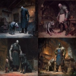 **a dark gothic horror dnd style painting of an 8 foot tall terrifying, goliath zombie, blacksmiths apprentice. The creature should have empty eyesockets. Next to the creature should be a mutated half canine looking horror creature. The scene should resemble a gothic renaissance horror oil painting** - <@545090802750324757> (fast)
-# Create, explore, and organize on [midjourney.com](<https://midjourney.com/imagine?from_discord=1>)