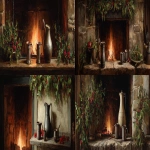 **Closup of a stone hearth from a 1760s colonial American home. There's a fire burning and green boughs with red berries are hung across the mantle. There is a pitcher of hot cider with 2 pewter mugs on the hearth. In the oil painting style of John Trumbull. --ar 11:3** - <@1185631049716338699> (fast)