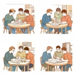 **Ghibli style graphic of 3 male college roommates contently doing a project together at a table. --v 5.0** - Variations by <@1090435486935433258> (fast)